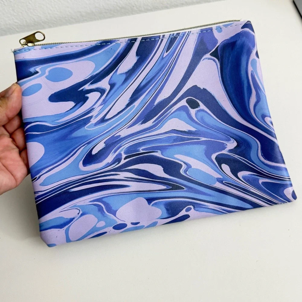 Paper Source Blue Purple Marble Swirl Zipper Pouch PU Leather Makeup Travel Bag
